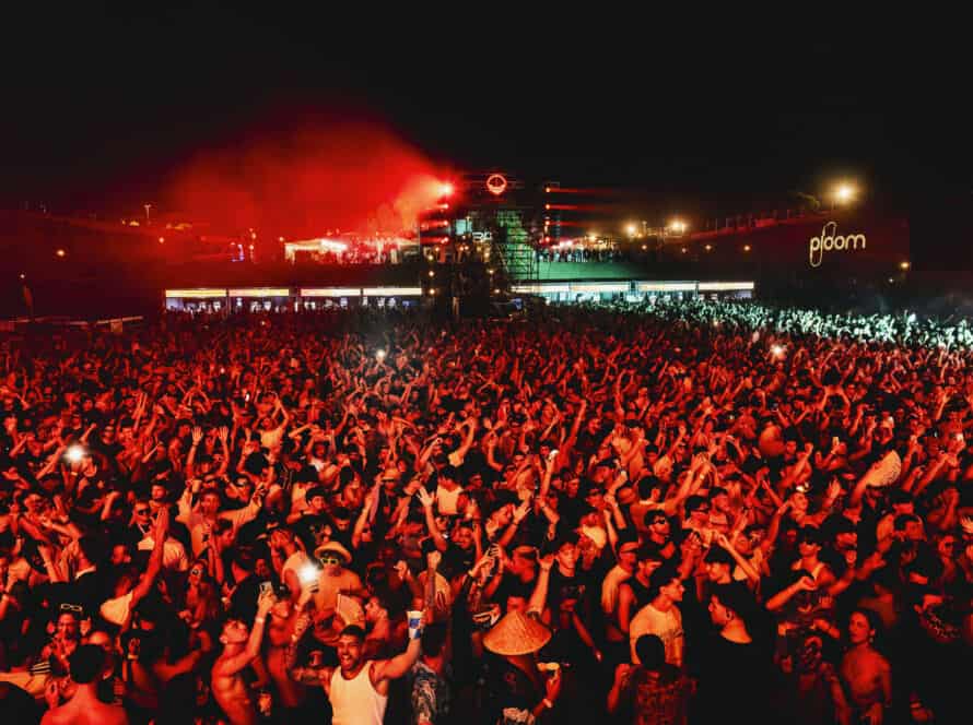 Festival musicale al panorama con pubblico danzante e luci colorate.
