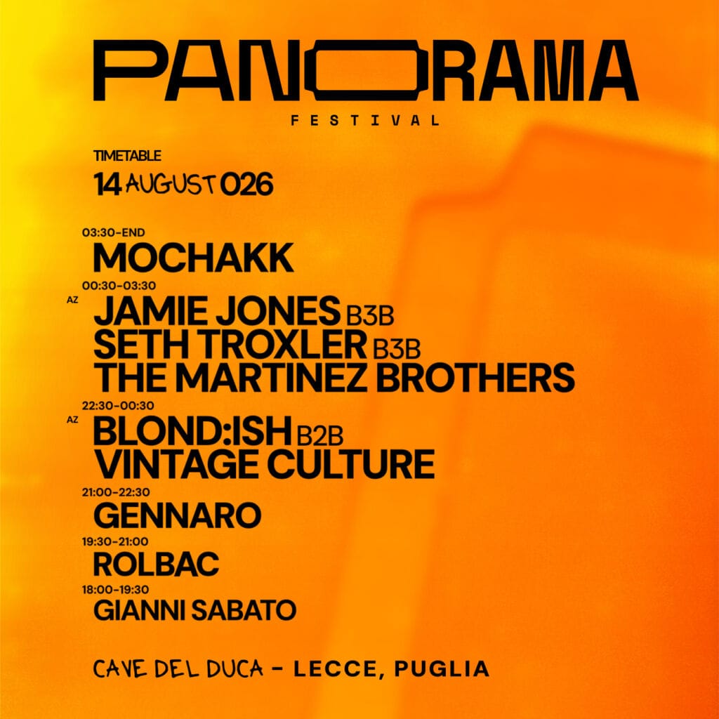 Programma del Panorama Festival 2026 a Lecce, Puglia, con artisti e orari.