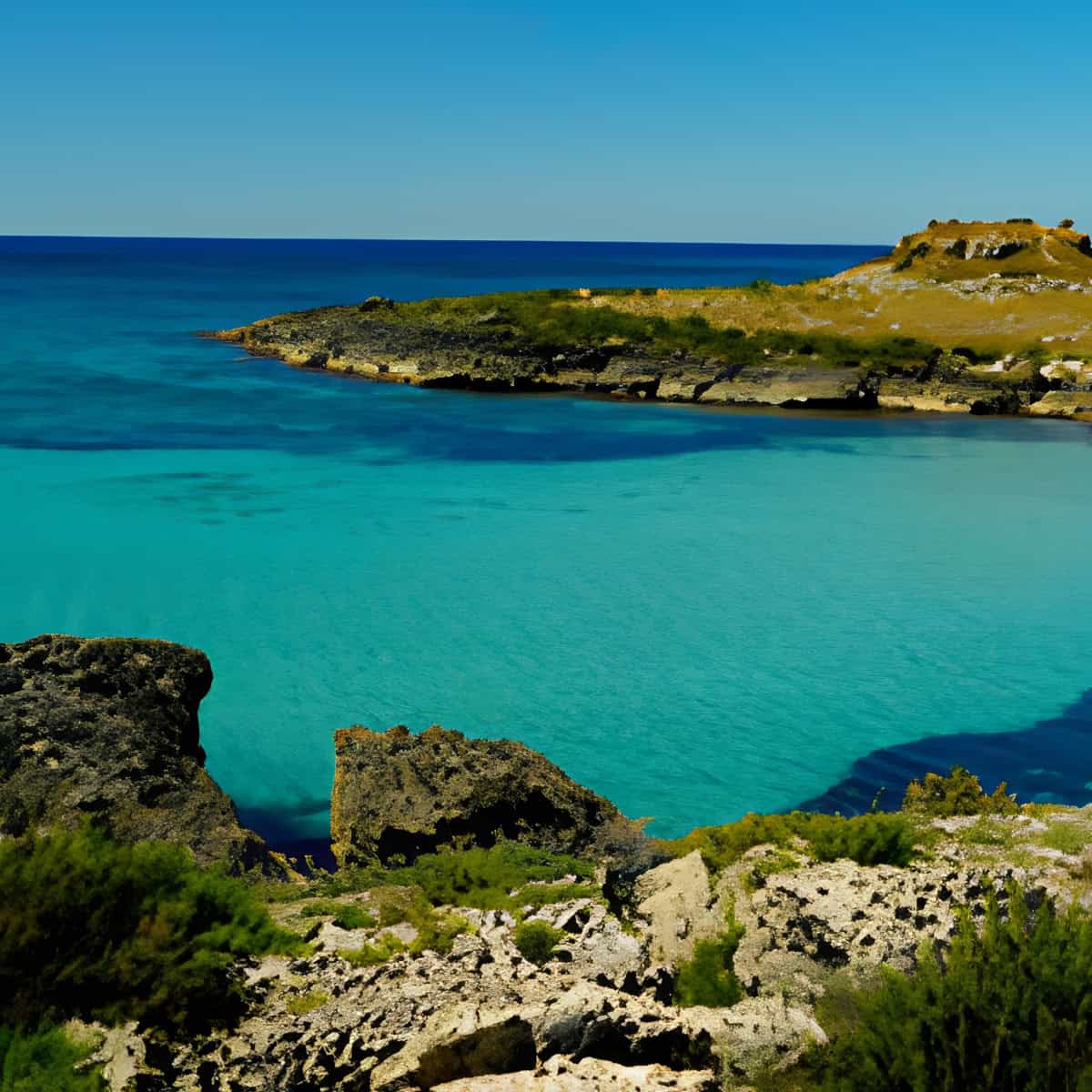 Spiaggia di Puglia con acque turchesi e scogliere rocciose.