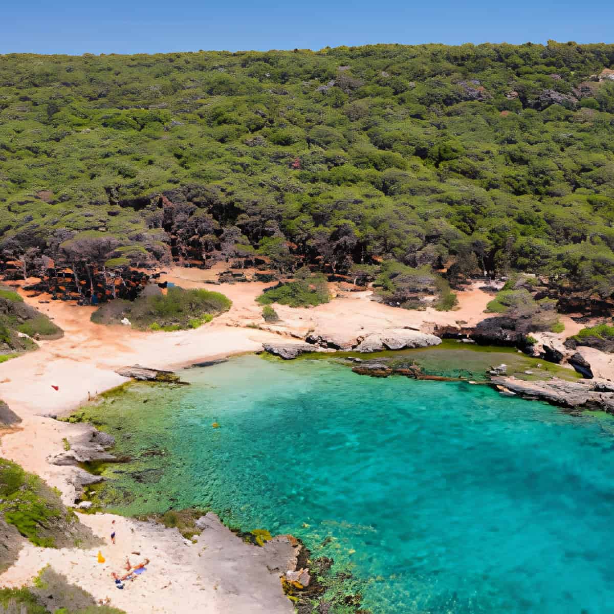 Spiaggia di Puglia con acque cristalline e natura rigogliosa.